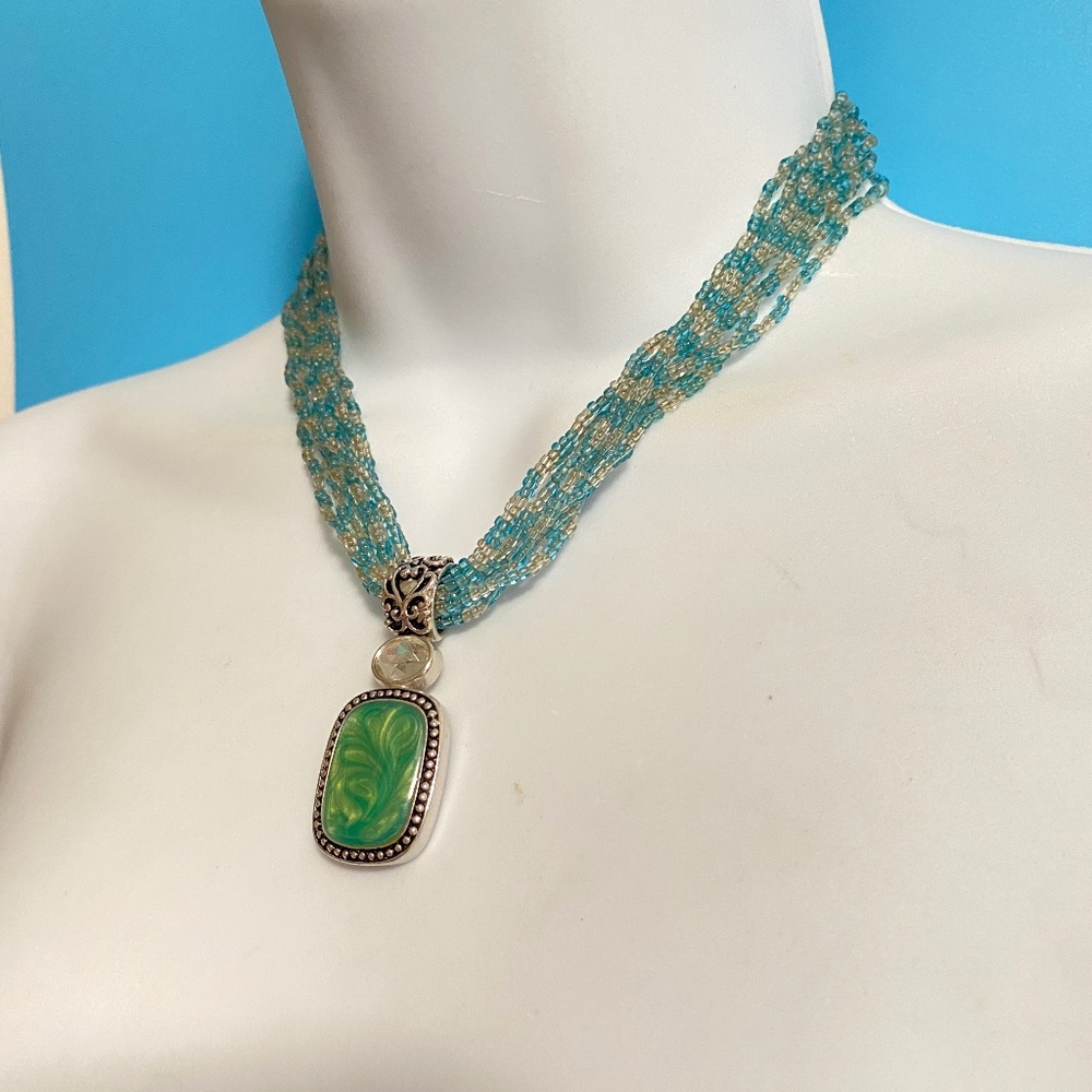 LIA SOPHIA Blue Coast Galss Seed Bead Choker Necklace With Green Enamel Pendant